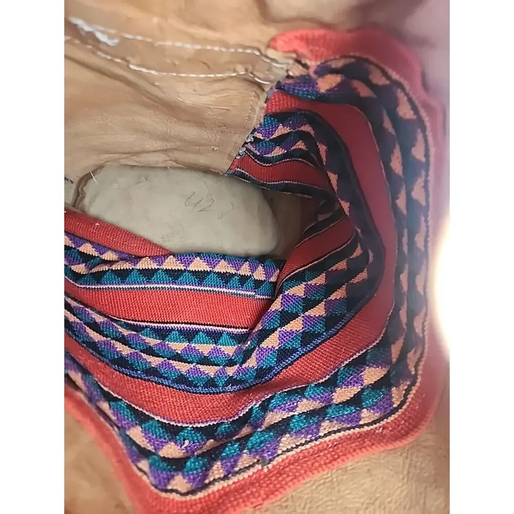 LARGE BACKPACK HAND WOVEN WOOL KILIM TOOLED LEATHER VTG SLING PURSE TOTE BAG